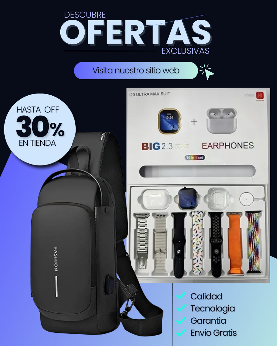 Combo Smartwatch I20 Ultra + audífonos + mochila + 7 correas